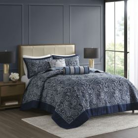 5 Piece Jacquard Bedspread Set with Throw Pillows Navy King