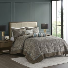 5 Piece Jacquard Bedspread Set with Throw Pillows Blue/Brown King