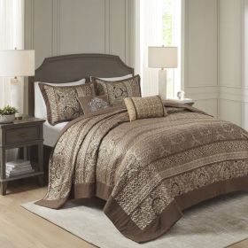 5 Piece Reversible Jacquard Bedspread Set Brown/Gold Queen