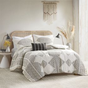 4 Piece Printed Comforter Set with Throw Pillow Black/Ivory Full/Queen