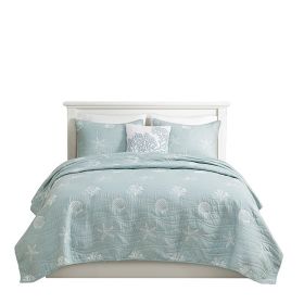 4 Piece Cotton Reversible Embroidered Quilt Set with Throw Pillow Aqua Full/Queen