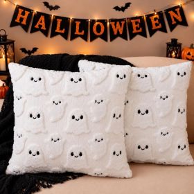 2PCS Halloween Pillow Covers, 18x18 Inch,White Ghost Decorative, Soft Plush Faux Fur Wool Couch Cushions, For Sofa, Bedroom, Living Room, And Hom (Option: WHITE)