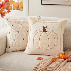 Fall Throw Pillow Covers Set Of 2 Reversible Beige Pumpkin Faux Fur (Option: WHITE)