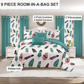 9-Piece Boho Feather Bedding & Curtain Set (Queen/King/Cal King) - Quilted Microfiber Bedspread + Sheer Curtains (Option: colorful feather-CAL KING)