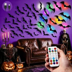 LUDILO 48P Bats Halloween Decorations 12P Rechargeable Lights With Remote (Option: Black)