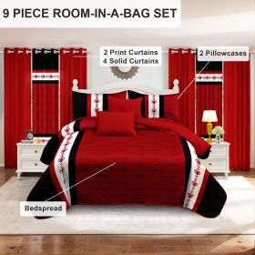 9 Piece Soft All-Season Washed Microfiber Cover Set , Queen/King/Calking Bedding Set With Pillowcases,Bedspread Print Curtains & Solid Curtains,Print (Color: red and white Boho, size: King)