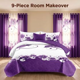 Purple White Gardenia 9 Piece Bedding Set, Washed Microfiber Bedspread with Matching Curtains and Pillowcases, Queen King Cal King (Color: Purple White Gardenia, size: Queen)