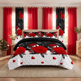 Red Rose & Heart 9-Piece Bedspread and Curtain Set, Quilted Microfiber Bedding with Pillowcases, Twin, Queen, King and Cal King (Color: red peony, size: Queen)